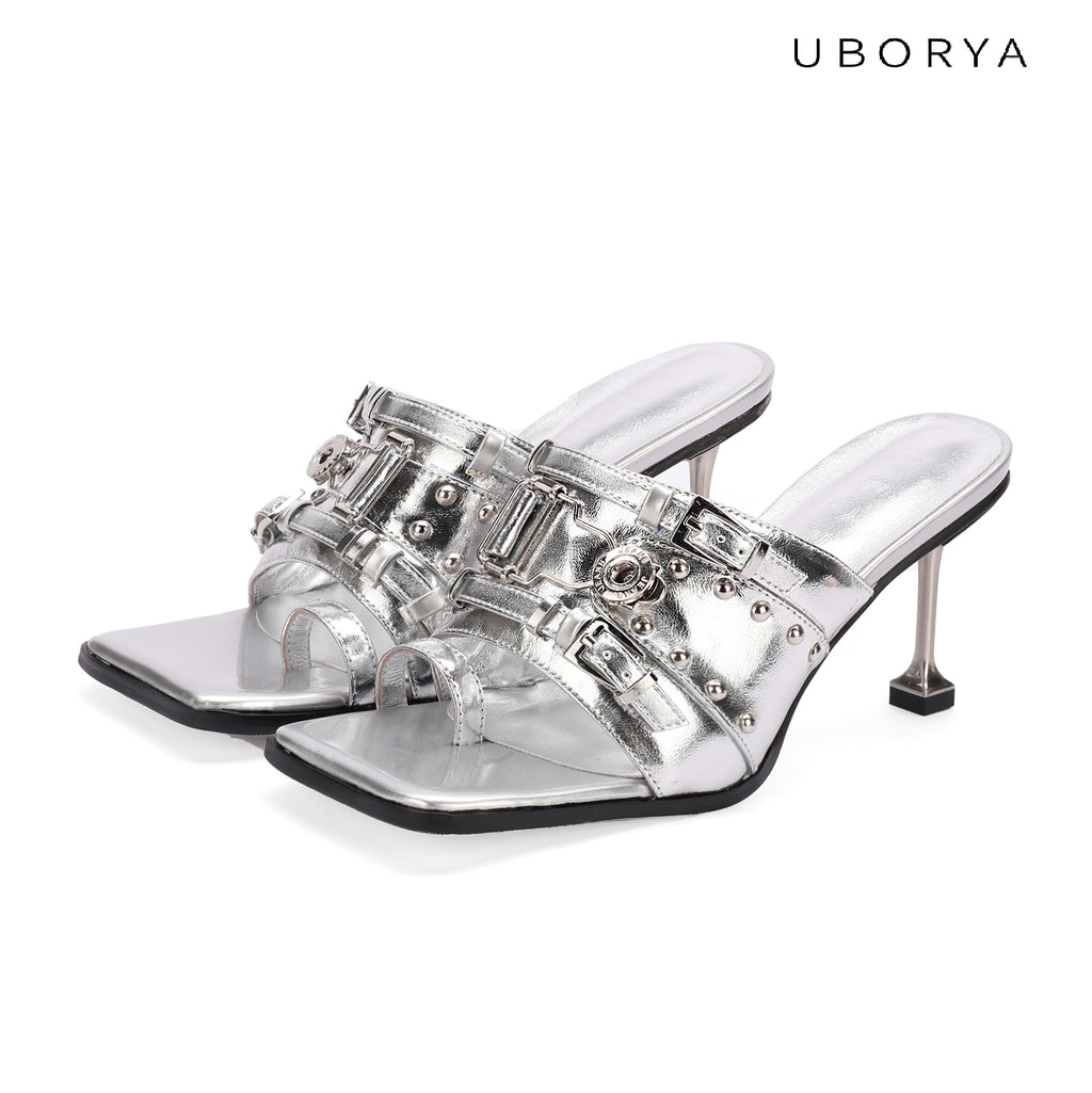 UBORYA Silver Metallic Multi-Buckle Mules with Skull Studs