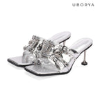 UBORYA Silver Metallic Multi-Buckle Mules with Skull Studs