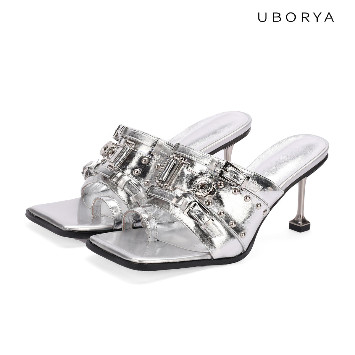 UBORYA Silver Metallic Multi-Buckle Mules with Skull Studs
