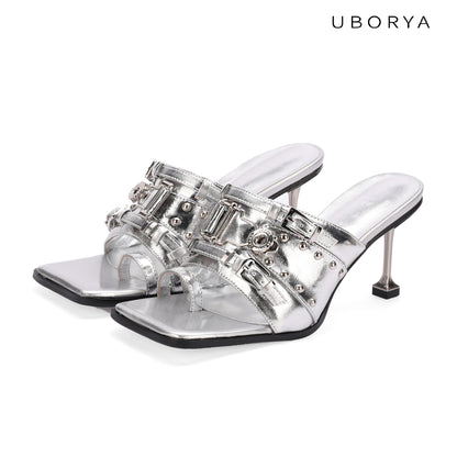 UBORYA Silver Metallic Mules – Futuristic High Heel Sandals for Women | 7cm / 2.75in Metal Stiletto Heel | Multi-Buckle & Skull Rivet Design | Square Toe Open-Toe Slides