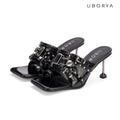 UBORYA Black Patent Leather Punk‑Luxury Mules 7cm Metal Stiletto Skull Rivet
