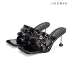 UBORYA Black Patent Leather Punk‑Luxury Mules 7cm Metal Stiletto Skull Rivet