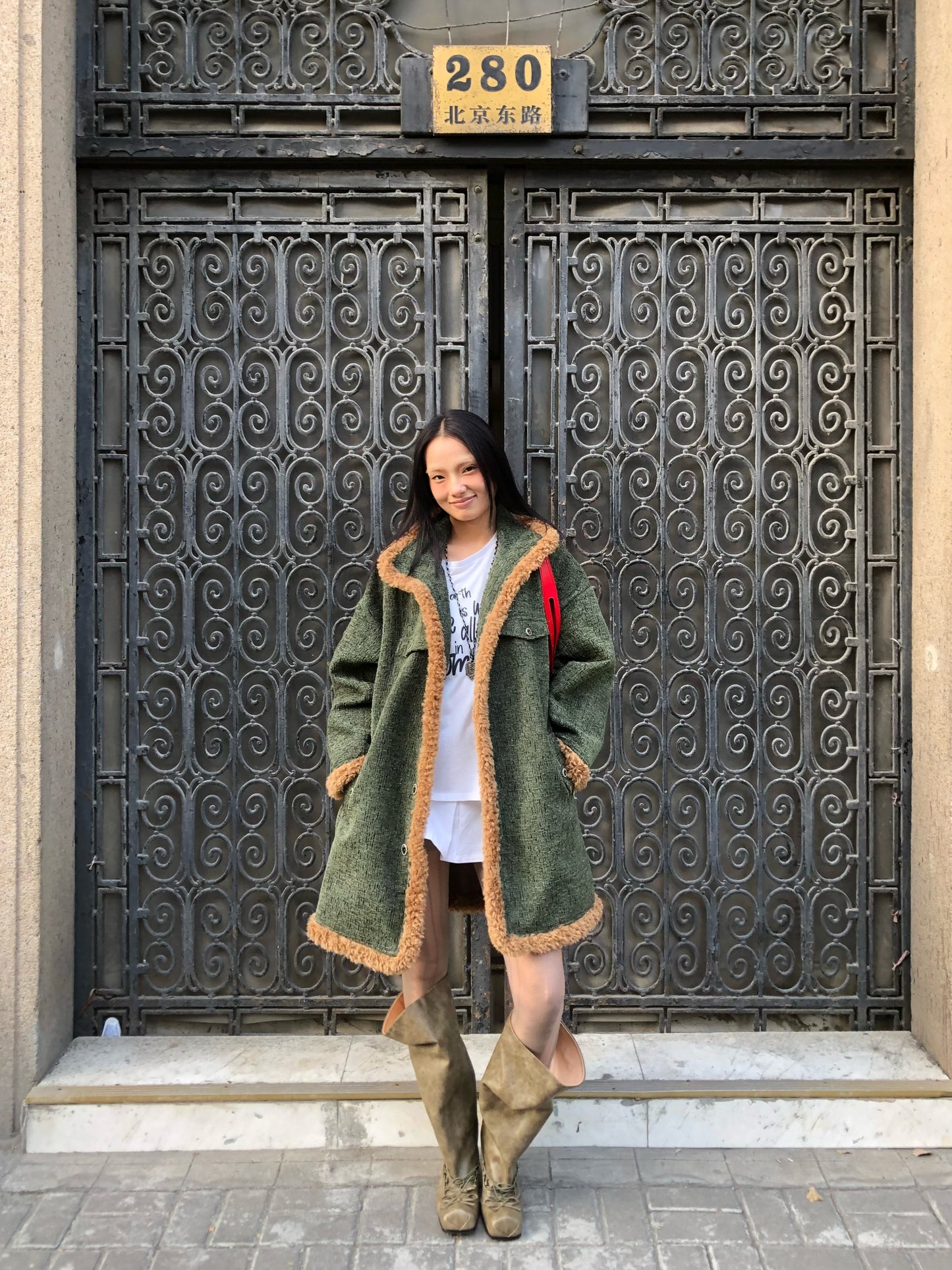 UBORYA Khaki Suede Slouchy Knee-High Boots with Bows – Square Toe Kitten Heel Boots for Women | Ruched Shaft | Side Zipper | Earthy Avant-Garde Booties