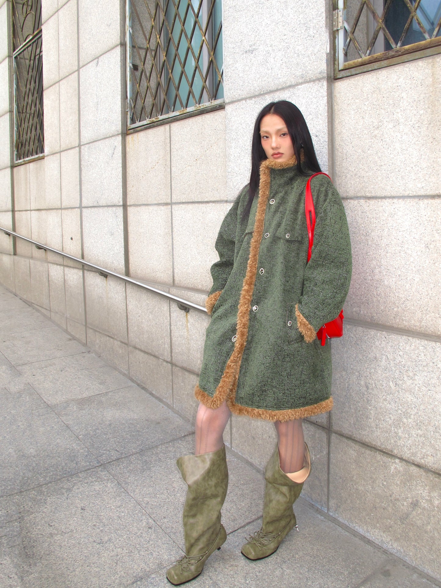 UBORYA Khaki Suede Slouchy Knee-High Boots with Bows – Square Toe Kitten Heel Boots for Women | Ruched Shaft | Side Zipper | Earthy Avant-Garde Booties