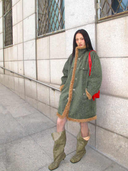UBORYA Khaki Suede Slouchy Knee-High Boots with Bows – Square Toe Kitten Heel Boots for Women | Ruched Shaft | Side Zipper | Earthy Avant-Garde Booties