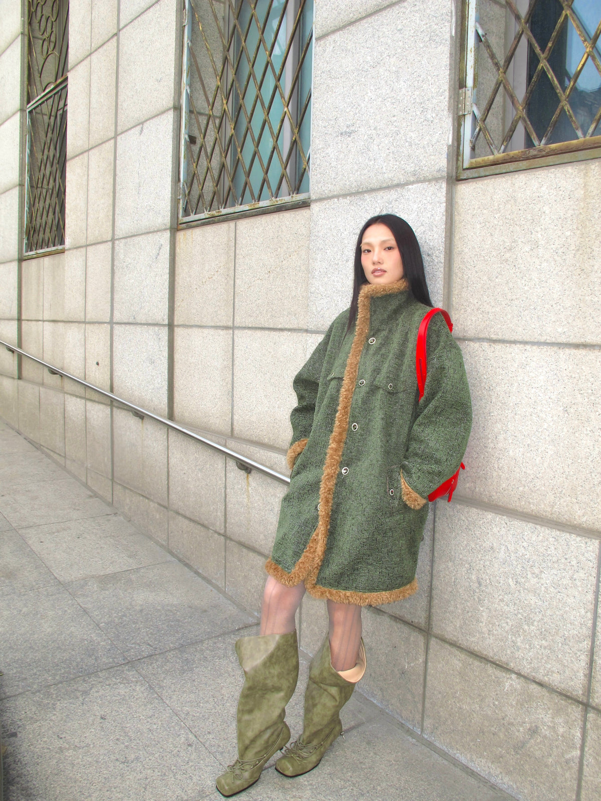 UBORYA Khaki Suede Slouchy Knee-High Boots with Bow Details