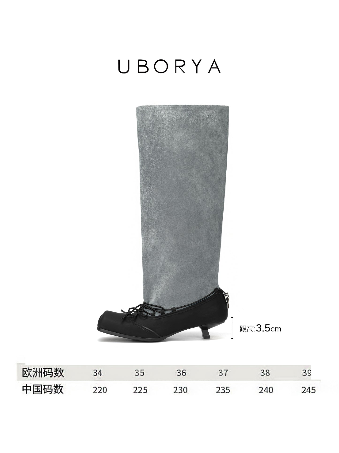 UBORYA Grey Suede Slouchy Knee-High Boots with Bows – Black Ballet Toe Cap Kitten Heel Boots for Women | Ruched Shaft | Side Zipper | Avant-Garde Booties