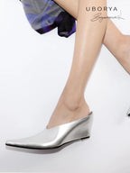 UBORYA Metallic Silver Pointed Toe Wedge Mules Y2K Avant‑Garde Kitten Heel