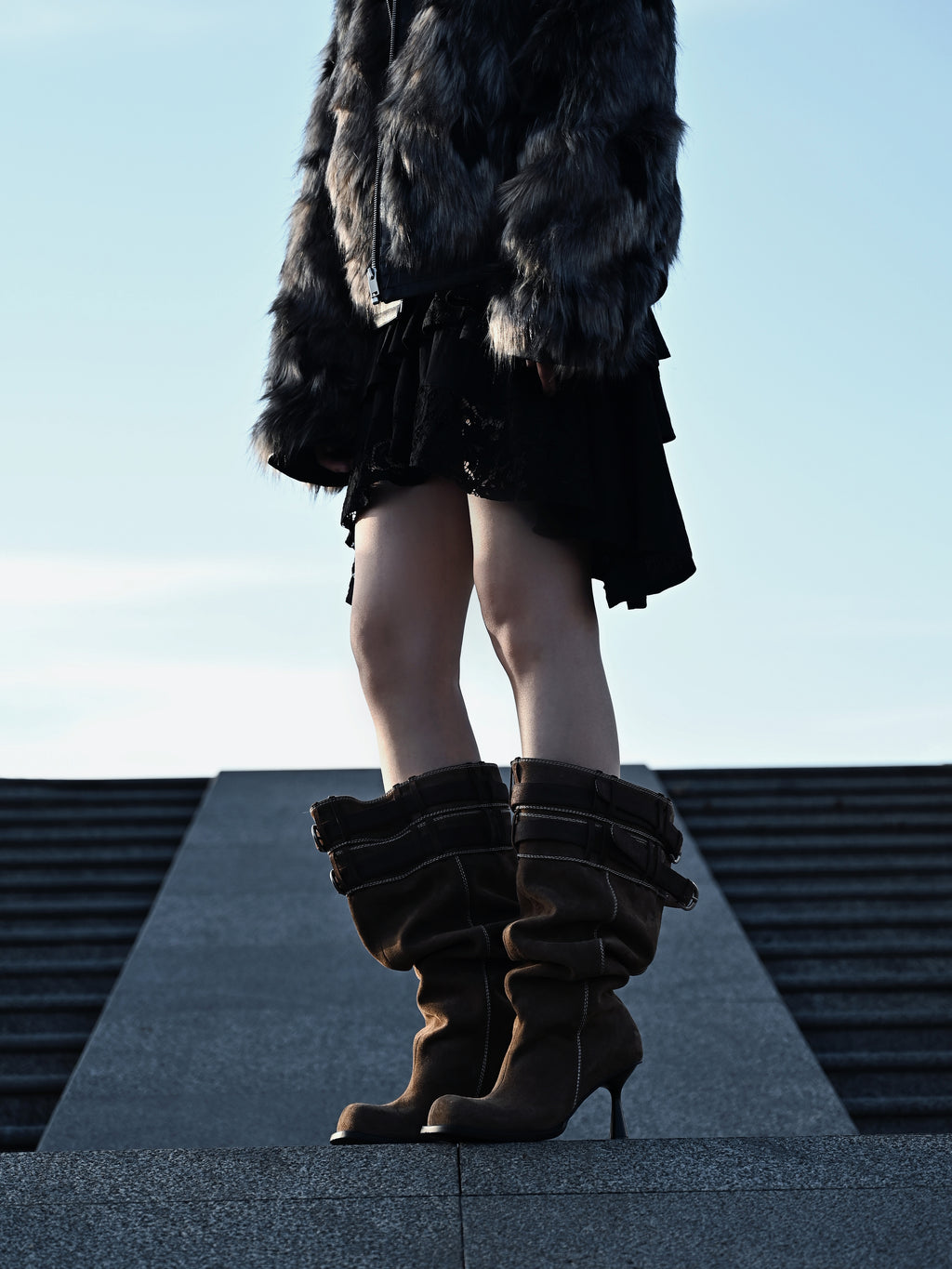 UBORYA Brown Suede Slouchy Knee-High Boots with Buckle Cuff