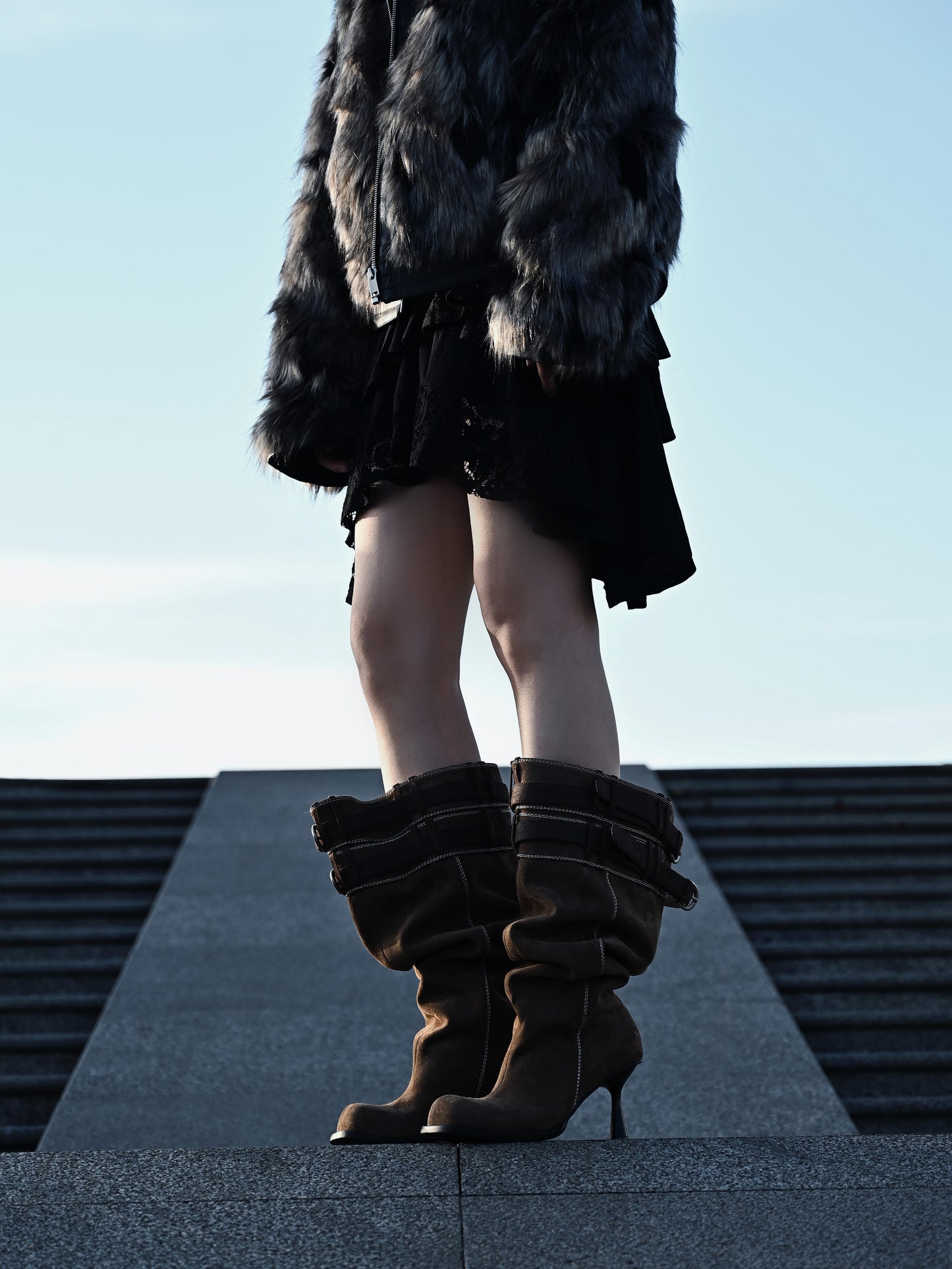 UBORYA Brown Suede Slouchy Knee-High Boots with Folded Buckle Cuff – Sculptural Kitten Heel Boots for Women | Contrast Stitch | Western Utility Harness Booties