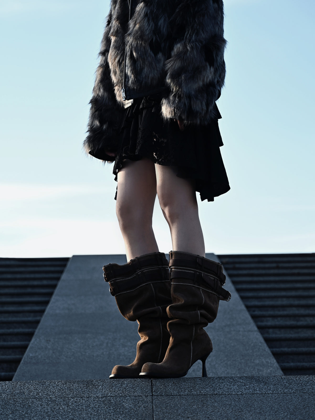 UBORYA Brown Suede Slouchy Knee-High Boots with Buckle Cuff