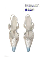 UBORYA Silver Floral Leather T Strap Slingbacks Blue Ombre Sculptural Kitten Heel