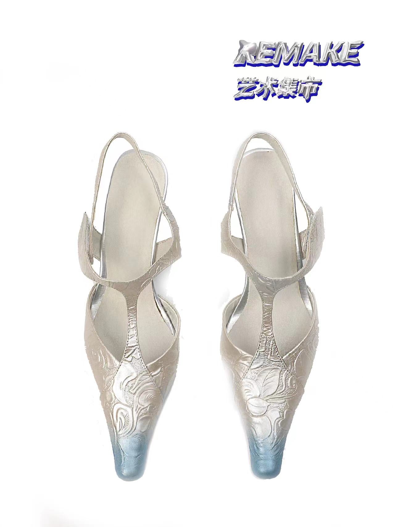 UBORYA Silver Floral Leather T Strap Slingbacks Blue Ombre Sculptural Kitten Heel