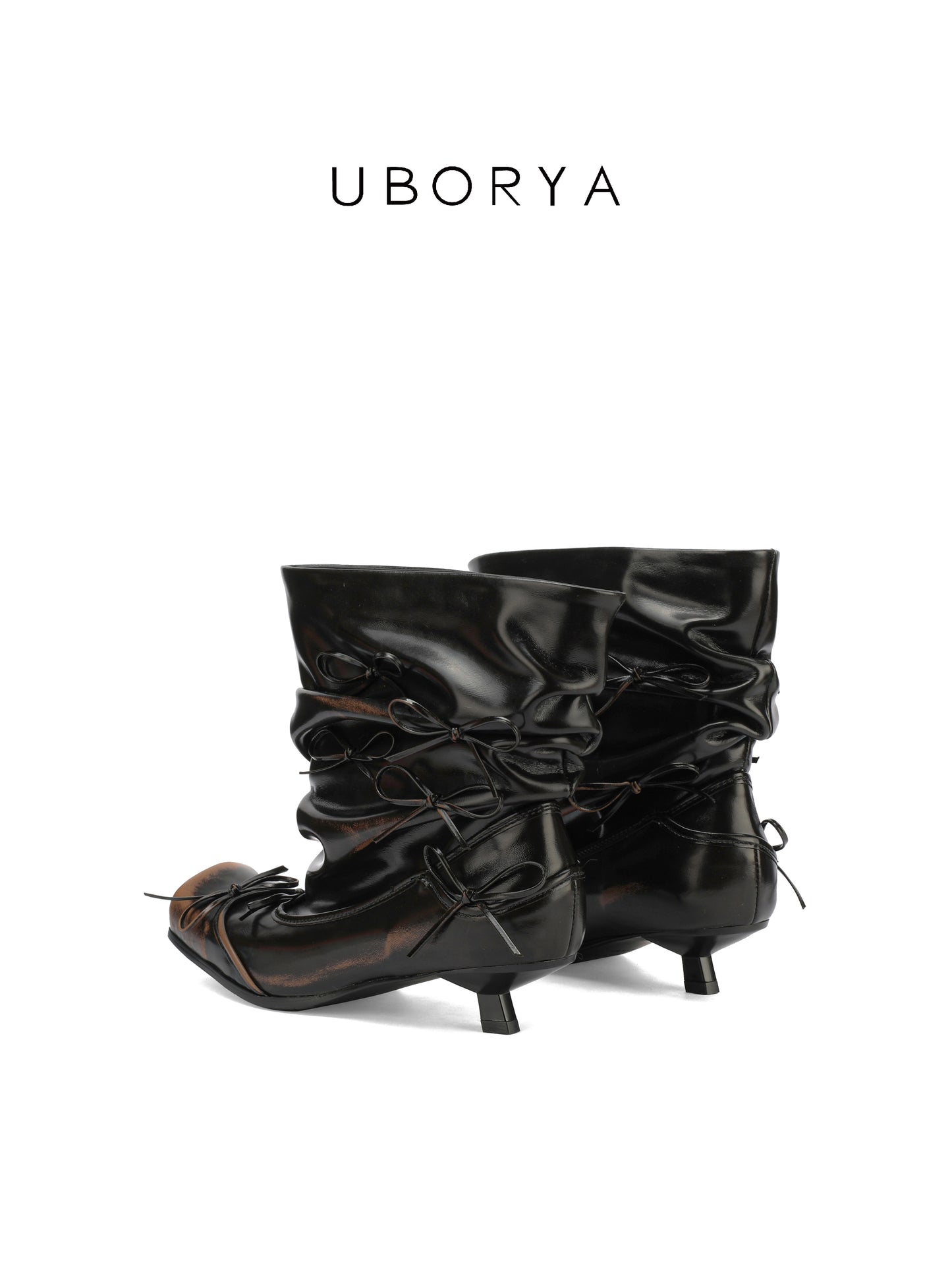 UBORYA Black Slouchy Ankle Boots with Bows – Distressed Square Toe Heeled Boots for Women | Ruched Shaft | Mini Bow Accents | Grunge Avant-Garde Booties