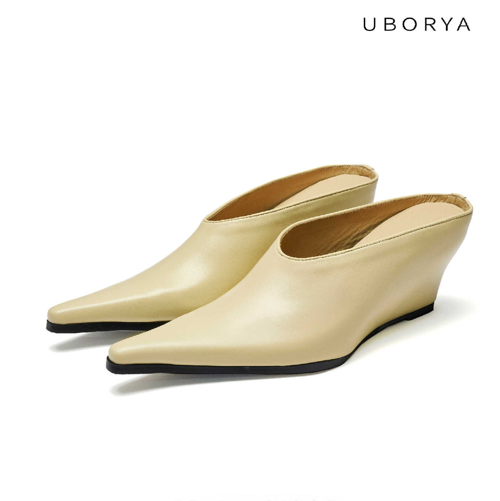 UBORYA Minimalist Beige Satin Pointed Toe Wedge Mules Slip‑On Kitten Heel