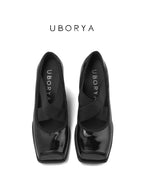 UBORYA Black Patent Square-Toe Wedge Pumps