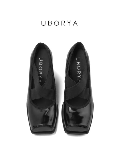 UBORYA Black Patent Square-Toe Wedge Pumps with Elastic Crisscross Straps – Architectural Heels for Women | Minimalist Avant-Garde Footwear | Sleek Power Wedges