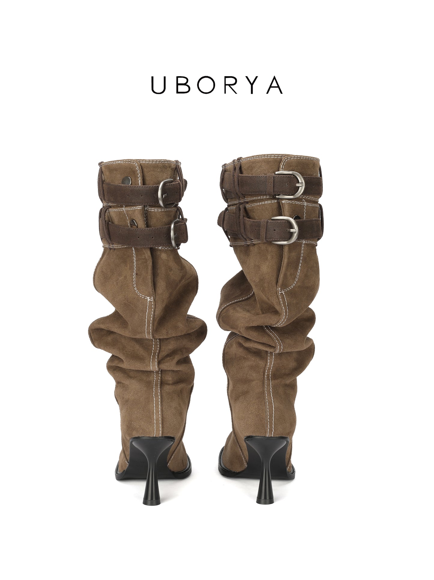 UBORYA Brown Suede Slouchy Knee-High Boots with Folded Buckle Cuff – Sculptural Kitten Heel Boots for Women | Contrast Stitch | Western Utility Harness Booties
