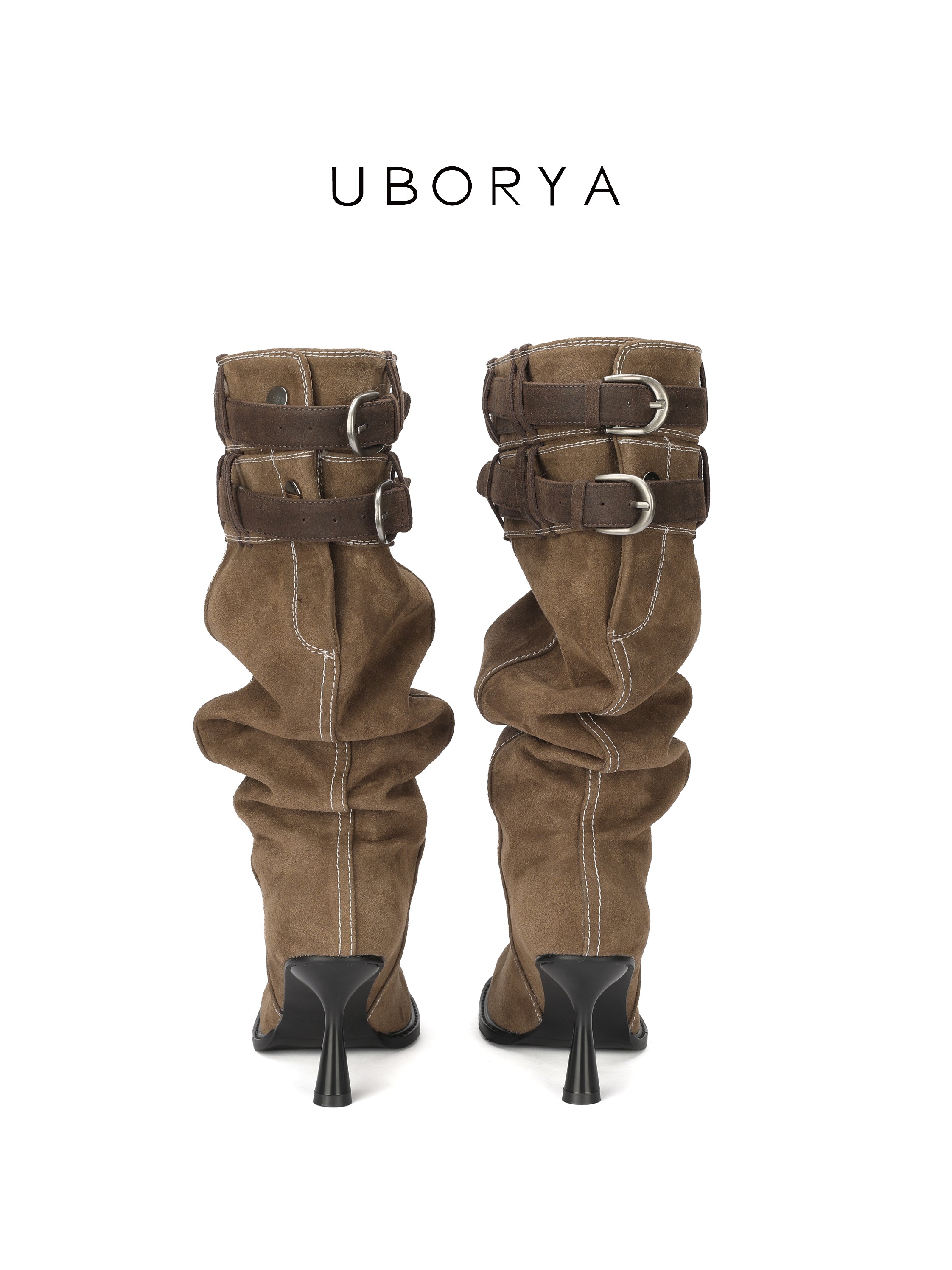 UBORYA Brown Suede Slouchy Knee-High Boots with Buckle Cuff