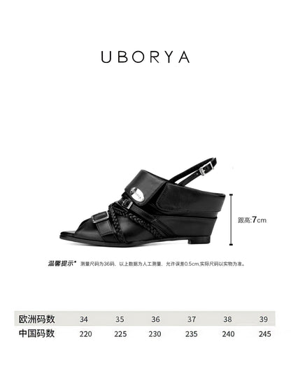 UBORYA Black Leather Slingback Peep-Toe Shoes with Braided Straps & Silver Buckles – Low Wedge Heel Pumps for Women | Edgy Utility Sandals | Punk Glam Footwear