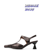 UBORYA Rose Embossed Leather T-Strap Kitten Heel Slingbacks