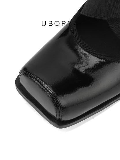 UBORYA Black Patent Square-Toe Wedge Pumps with Elastic Crisscross Straps – Architectural Heels for Women | Minimalist Avant-Garde Footwear | Sleek Power Wedges