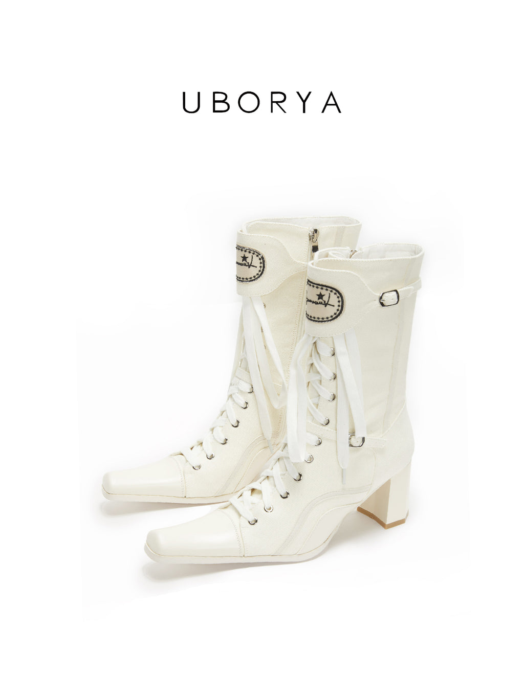 UBORYA Off White Lace Up Ankle Boots Square Toe Block Heel Retro Buckle Detail