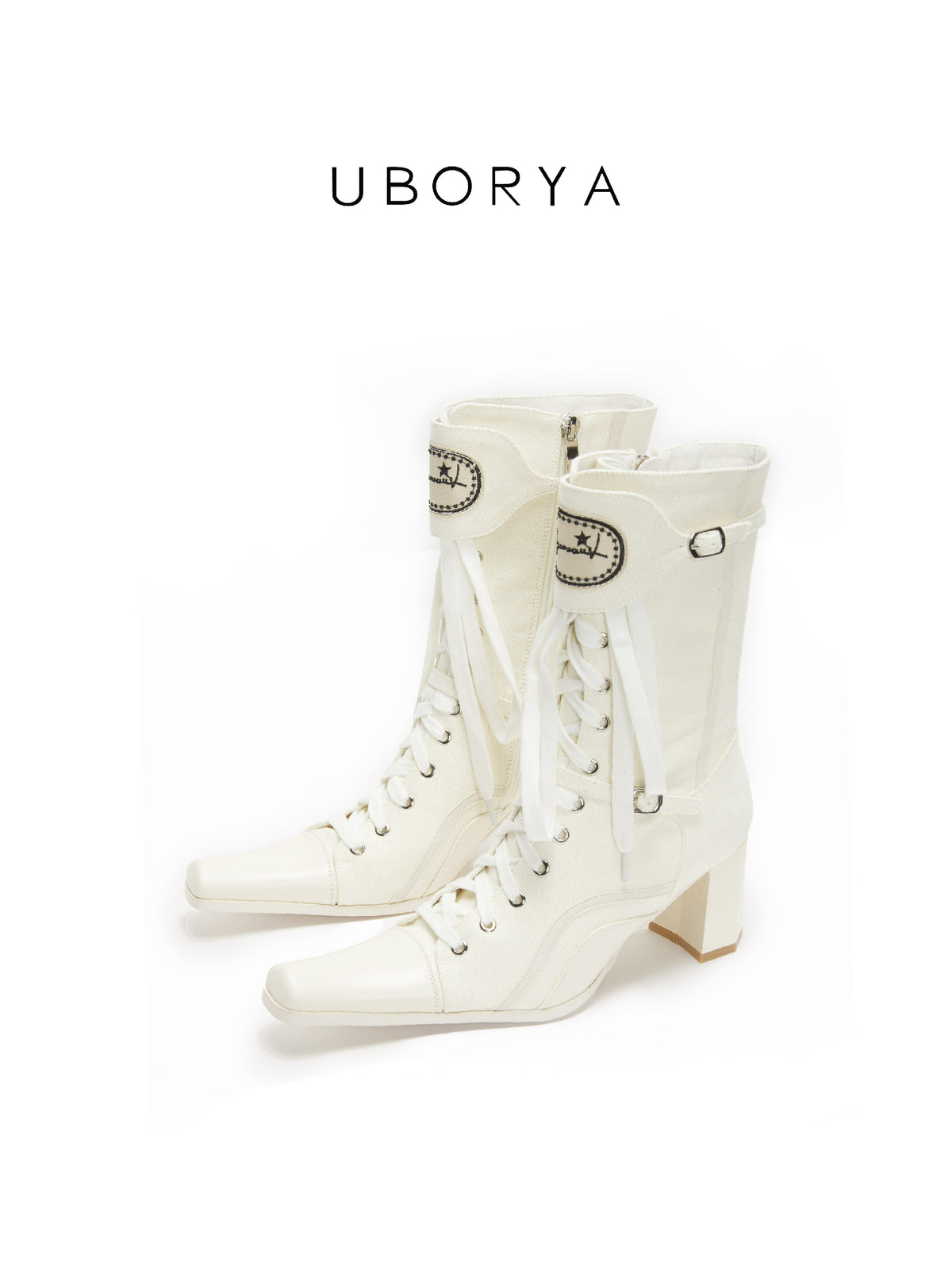 UBORYA Off White Lace Up Ankle Boots Square Toe Block Heel Retro Buckle Detail