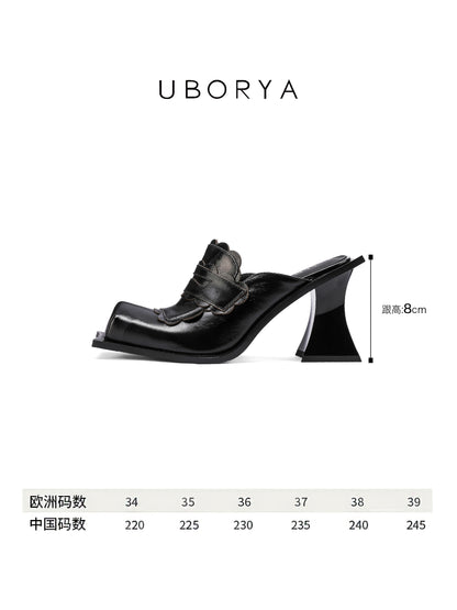 UBORYA Black Sculptural Mules – Avant-Garde Scalloped Pumps for Women | 8cm / 3.1in Geometric Block Heel | Glossy Patent Leather | Edgy Modern Mule Sandals