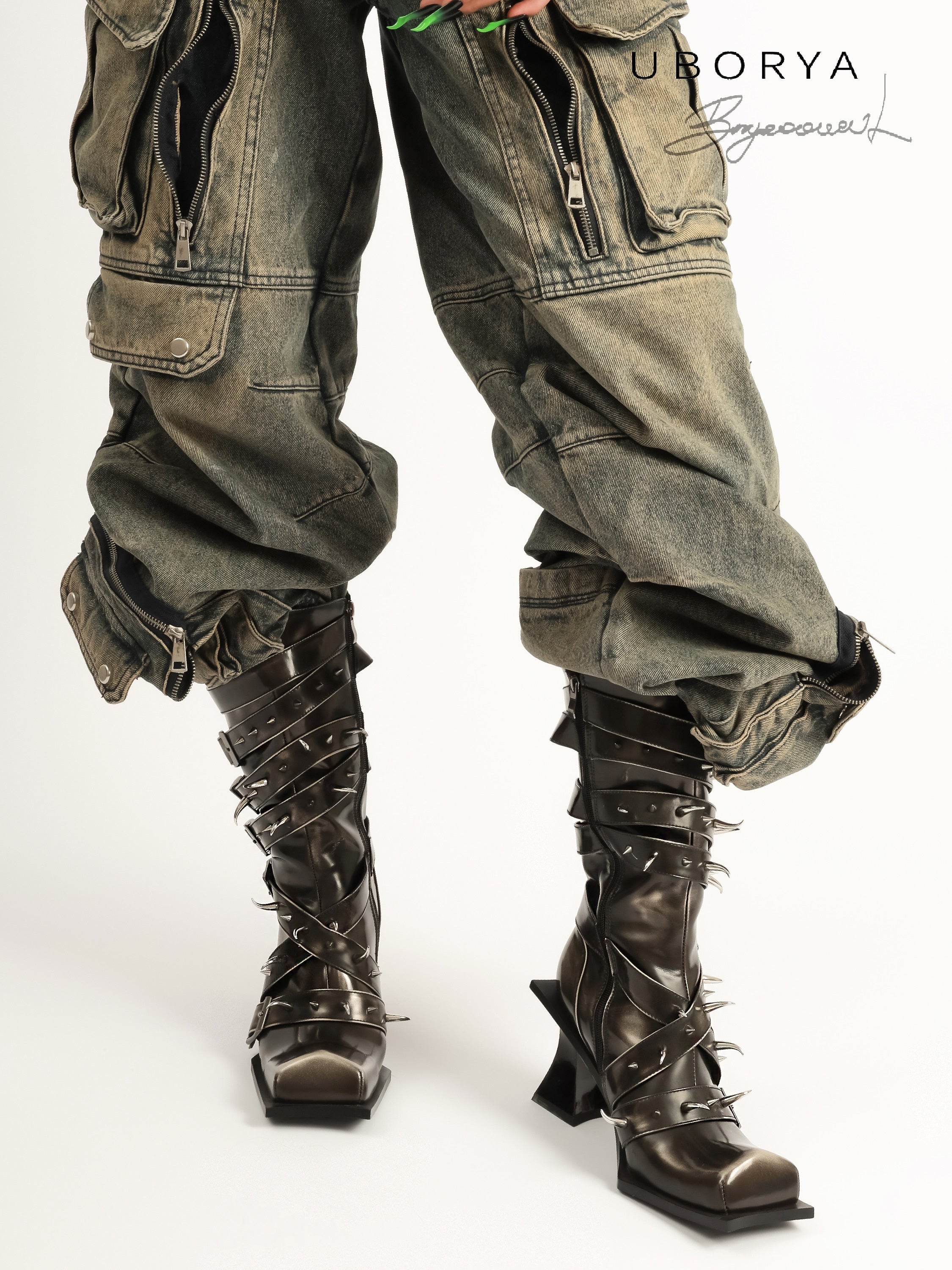 UBORYA Dark Brown Avant‑Garde Knee‑High Boots Gothic 7cm Geometric Heel Buckle Stud Strap