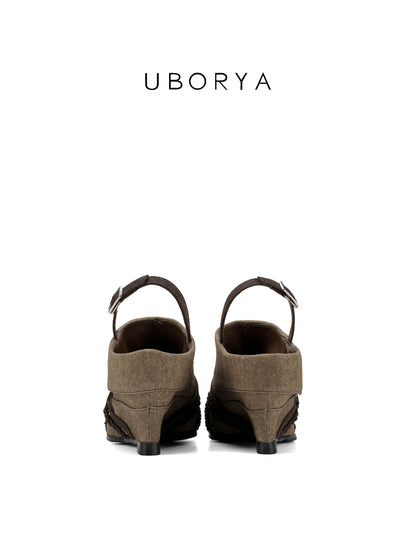 UBORYA Olive Khaki Slingback Peep-Toe Shoes with Braided Straps & Silver Buckles – Low Wedge Heel Pumps for Women | Boho Utility Cuff Sandals | Vintage Rustic Footwear