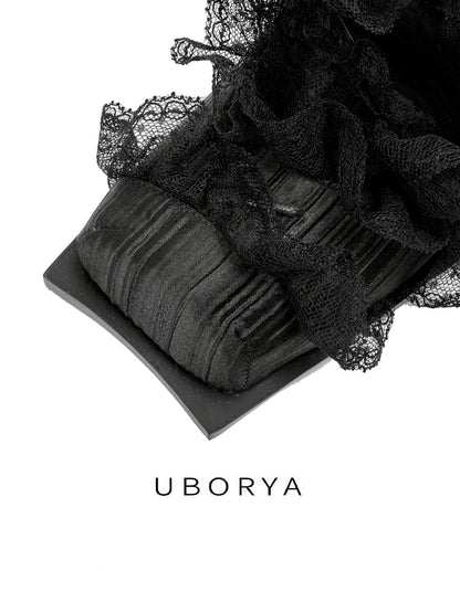 UBORYA Black Lace Sculptural Heels – Gothic Romantic Open-Toe High Heels for Women | 8cm / 3.1in Heel | Textured Fabric & Tulle Upper | Edgy Elegant Evening Shoes