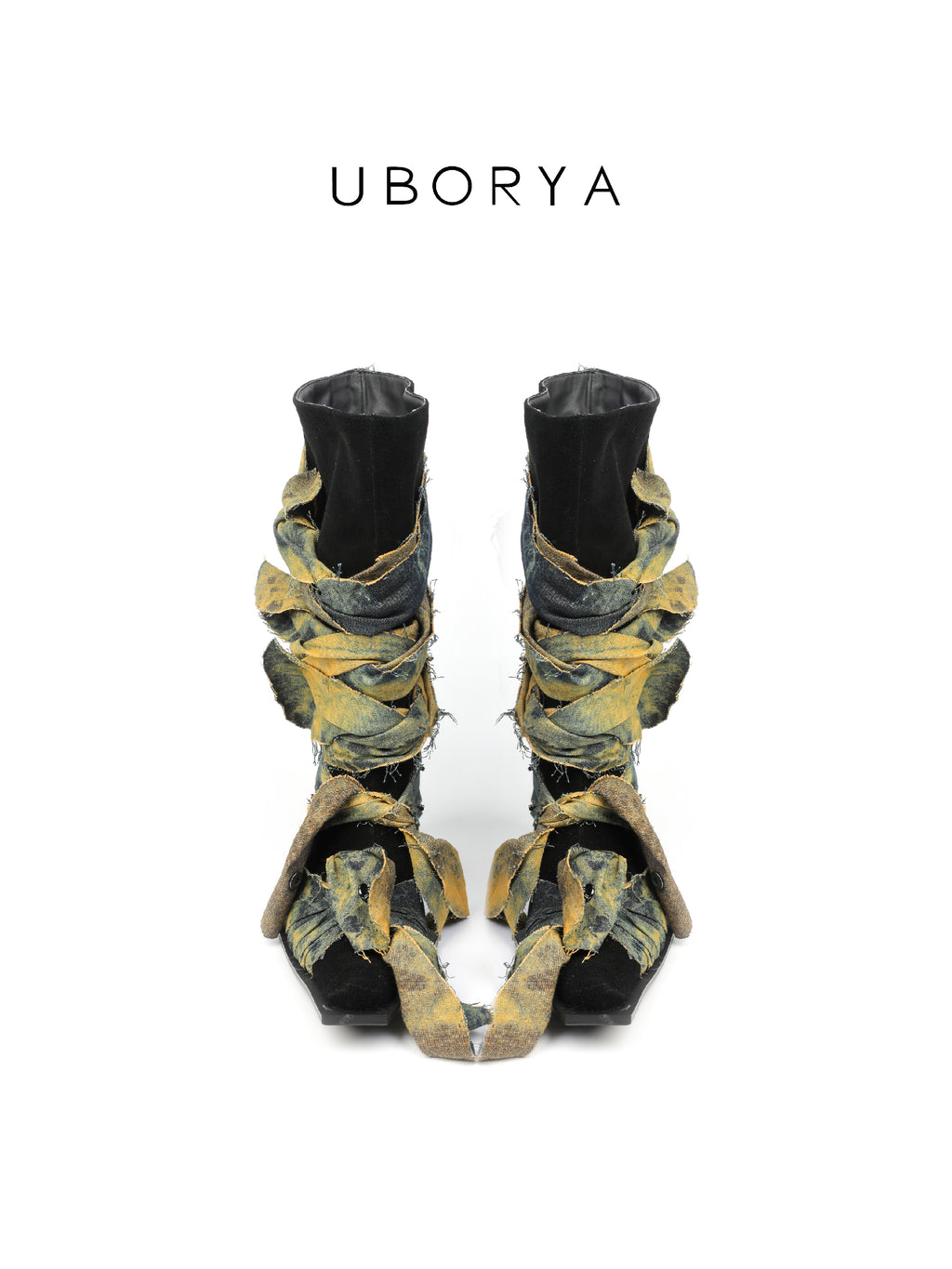 UBORYA Deconstructed Denim Wrap Boots Black Suede Patchwork Woven 6cm Block Heel