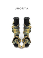 UBORYA Deconstructed Denim Wrap Boots Black Suede Patchwork Woven 6cm Block Heel