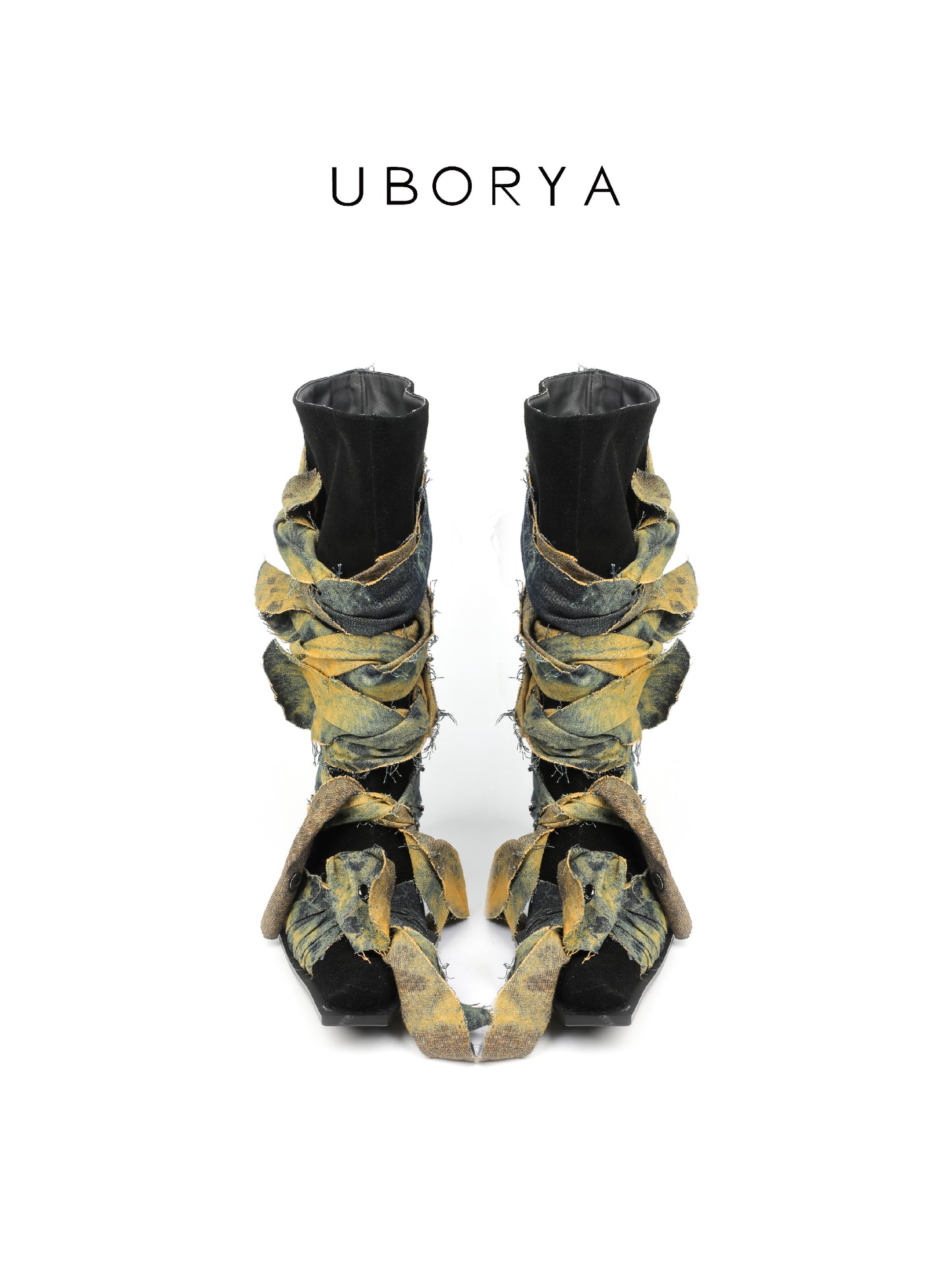 UBORYA Deconstructed Denim Wrap Boots | Black Suede & Patchwork Woven Mid-Calf Boots for Women | 6cm Block Heel | Niche Avant-Garde Edgy Boots