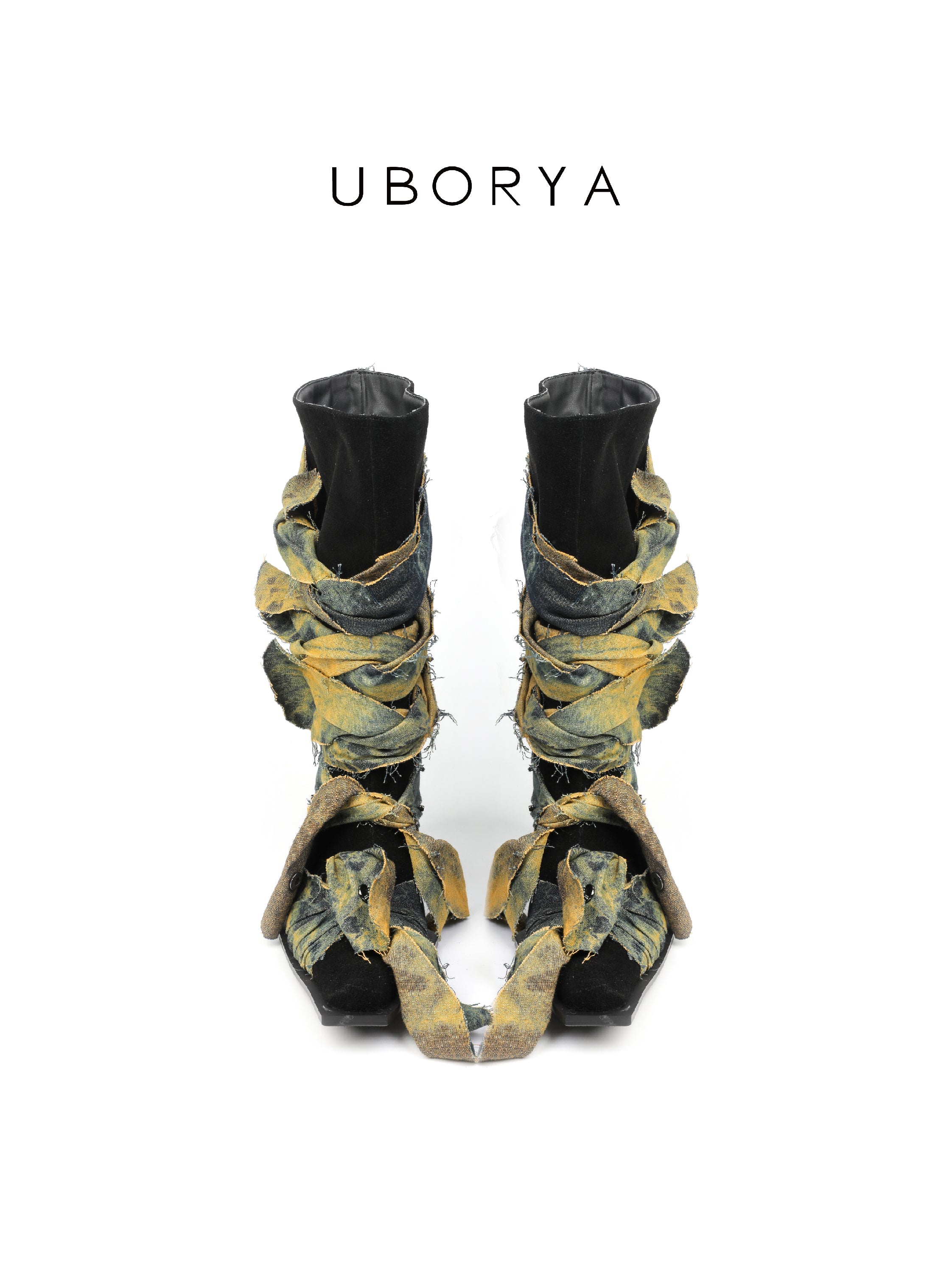 UBORYA Deconstructed Denim Wrap Boots Black Suede Patchwork Woven 6cm Block Heel
