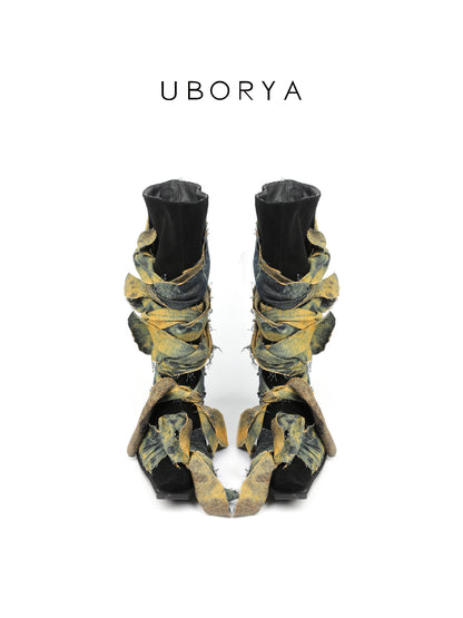 UBORYA Deconstructed Denim Wrap Boots | Black Suede & Patchwork Woven Mid-Calf Boots for Women | 6cm Block Heel | Niche Avant-Garde Edgy Boots