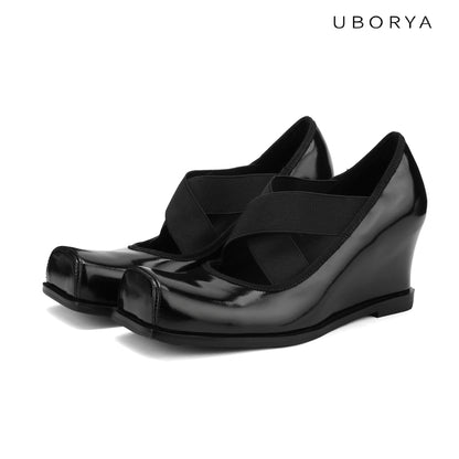 UBORYA Black Patent Square-Toe Wedge Pumps with Elastic Crisscross Straps – Architectural Heels for Women | Minimalist Avant-Garde Footwear | Sleek Power Wedges