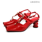 UBORYA Red Patent Leather T Strap Slingbacks Peep Toe Stacked Heel Sandals