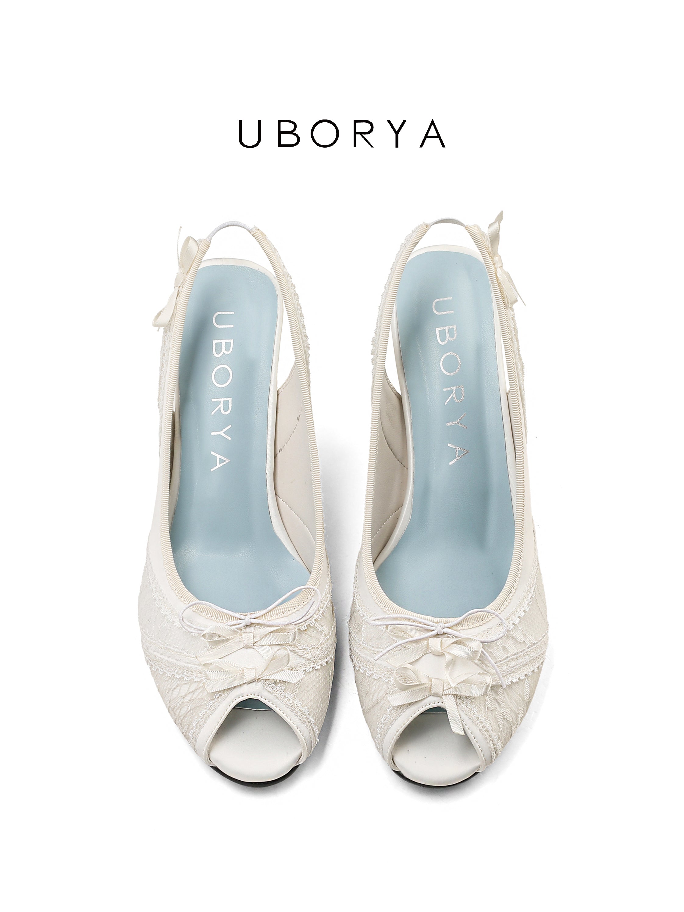 UBORYA Ivory Lace Slingback Peep-Toe Heels with Bow Details