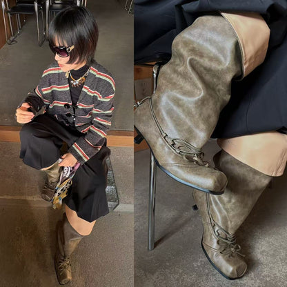 UBORYA Khaki Suede Slouchy Knee-High Boots with Bows – Square Toe Kitten Heel Boots for Women | Ruched Shaft | Side Zipper | Earthy Avant-Garde Booties
