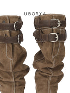 UBORYA Brown Suede Slouchy Knee-High Boots with Buckle Cuff