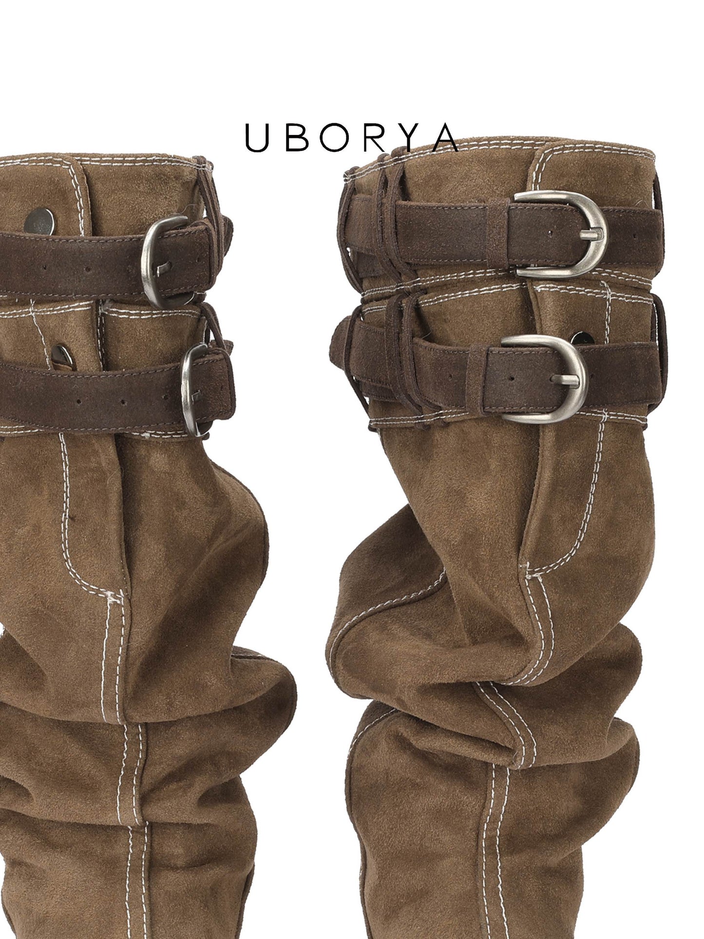 UBORYA Brown Suede Slouchy Knee-High Boots with Folded Buckle Cuff – Sculptural Kitten Heel Boots for Women | Contrast Stitch | Western Utility Harness Booties