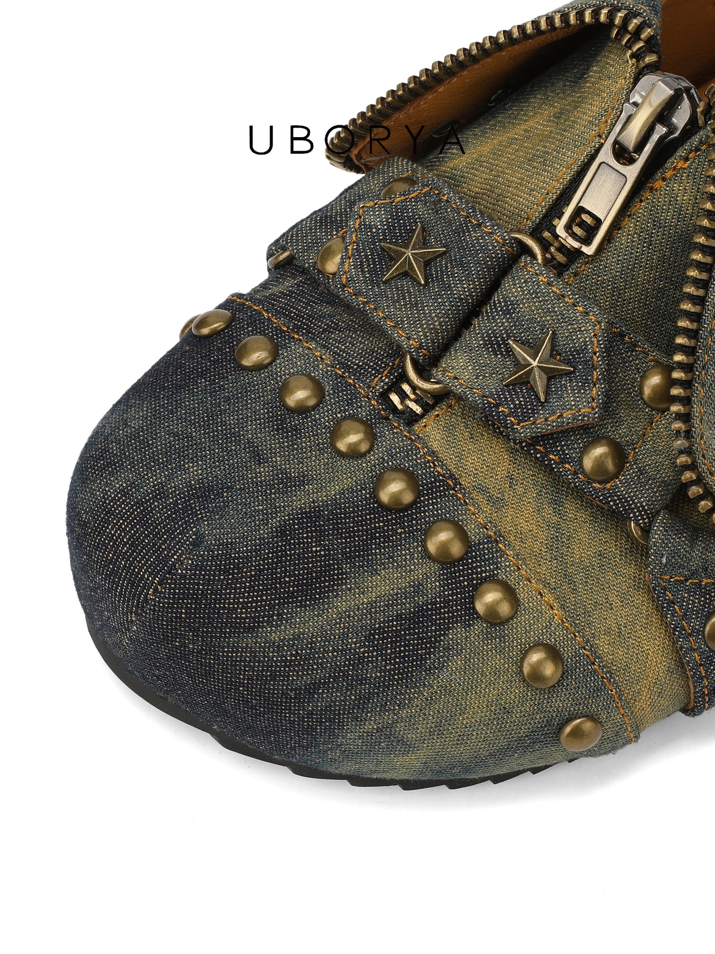 UBORYA Distressed Denim Slip-On Mules with Zipper & Brass Studs – Star Accent Slides for Women | Grunge Punk Utility Footwear | Vintage Wash Clogs