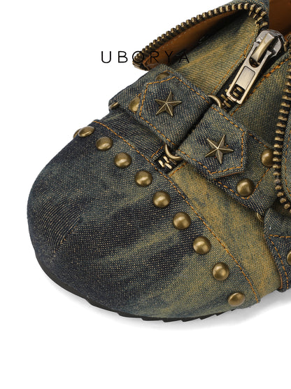 UBORYA Distressed Denim Slip-On Mules with Zipper & Brass Studs – Star Accent Slides for Women | Grunge Punk Utility Footwear | Vintage Wash Clogs