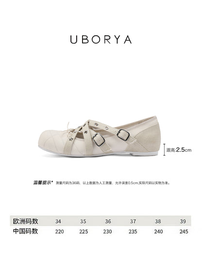 UBORYA Off-White Crisscross Strap Ballet Flats - Star Stud Eyelet Detail Round Toe Flat Shoes