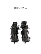UBORYA Black Slouchy Bow Ankle Boots with Distressed Square Toe