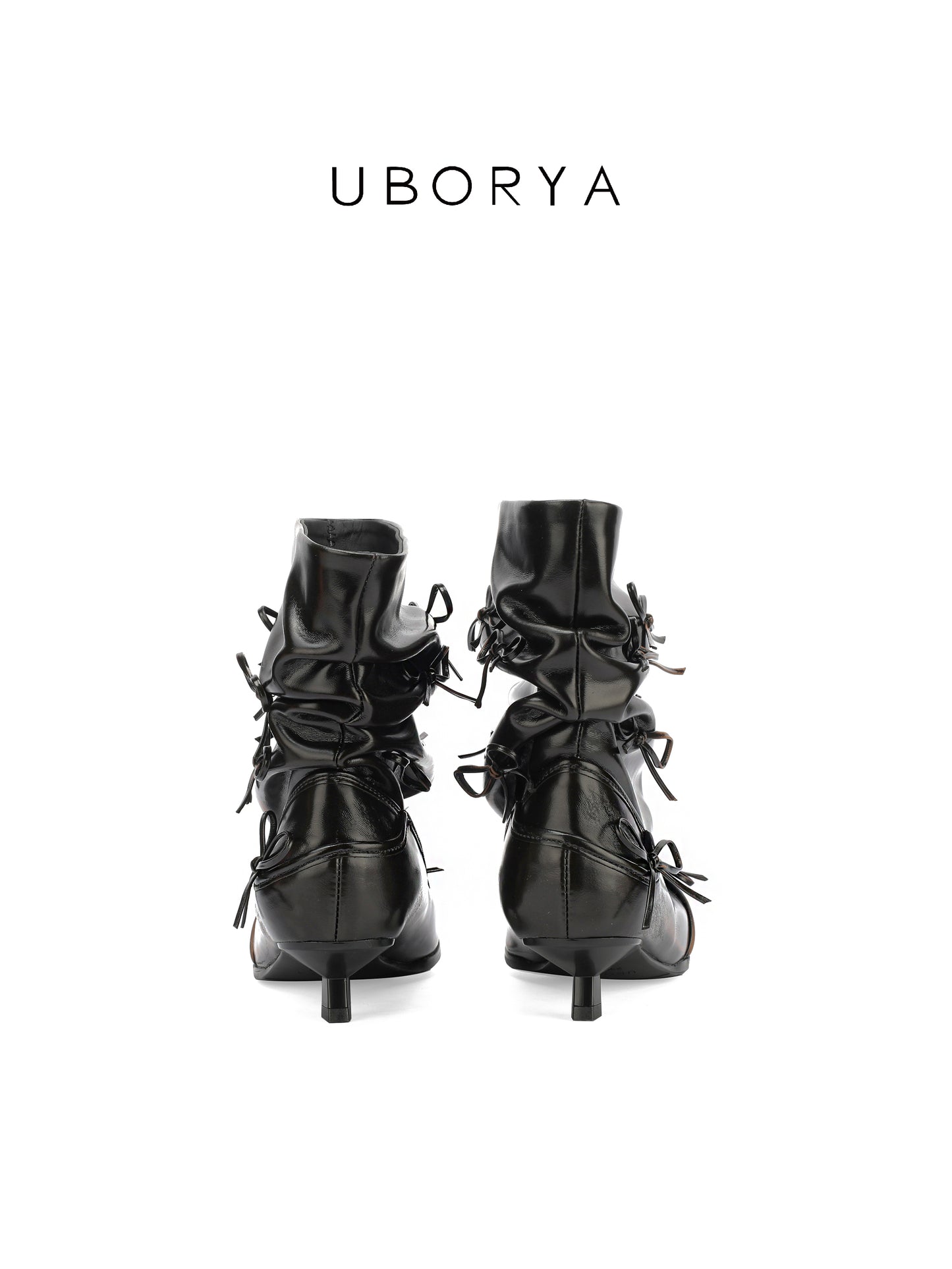UBORYA Black Slouchy Ankle Boots with Bows – Distressed Square Toe Heeled Boots for Women | Ruched Shaft | Mini Bow Accents | Grunge Avant-Garde Booties