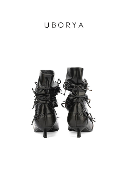 UBORYA Black Slouchy Ankle Boots with Bows – Distressed Square Toe Heeled Boots for Women | Ruched Shaft | Mini Bow Accents | Grunge Avant-Garde Booties