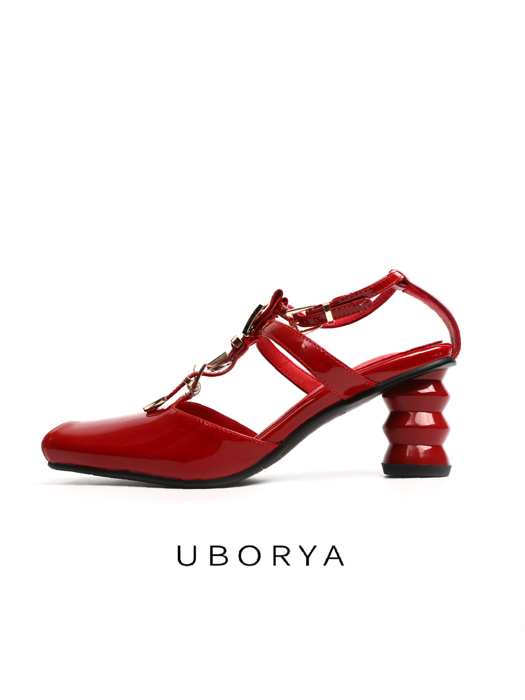 UBORYA Red Patent Leather T Strap Slingbacks Peep Toe Stacked Heel Sandals